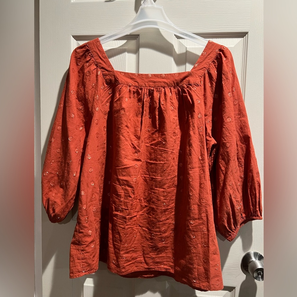 LC Lauren Conrad Square Neck Peasant Puff Sleeve Blouse Copper Metallic 1X - Picture 8 of 8